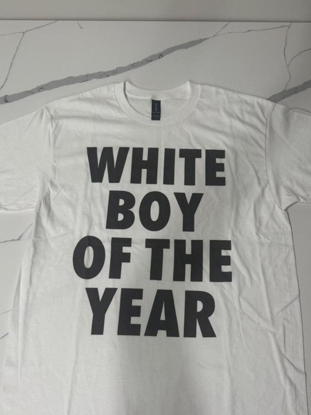 White Boy of the Year T-Shirt with black text reading 'WHITE BOY OF THE YEAR'
